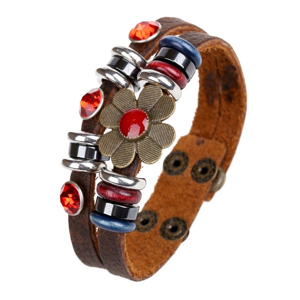

fashion women genuine leather bracelet double layer vintage flower charm bracelets adjustable snap button buckle hand jewelry, Golden;silver