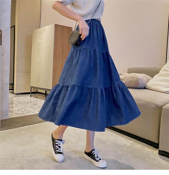 

denim long skirts womens 2020 summer new korean style elastic high waist slim fit cake a line skirt preppy girls skirt faldas, Black