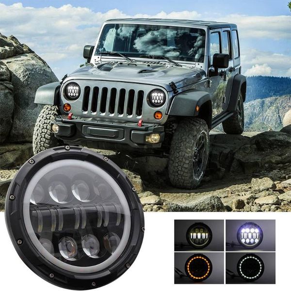 

car headlights 6000k white + 3000k gold 9-30v 500w round shape 7-inch led angel eye headlamp bulbs for wrangler jk