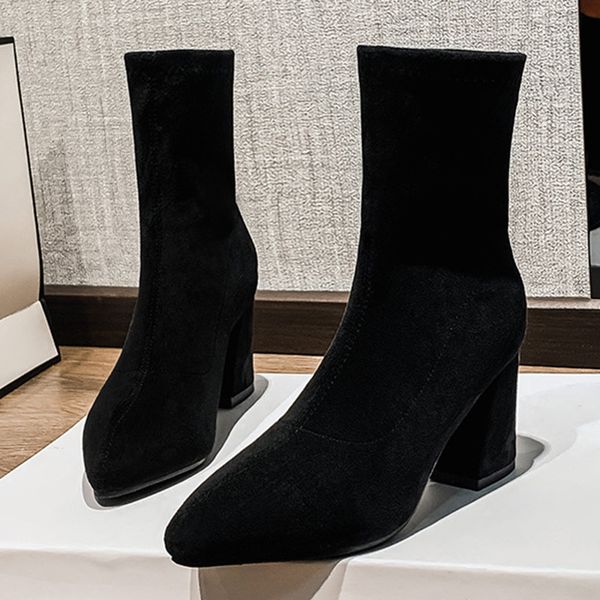 

ladies comfortable shallow mouth pointed toe flock boots zipper simple autumn and winter new sweet and versatile long boots, Black