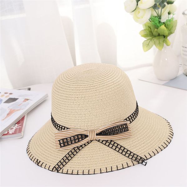 

wide brim hats ly women sun protective strawhat bowknot decor simple breathable beach cap for summer do99, Blue;gray