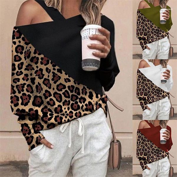 

fashion leopard print splicing spring long sleeve loose famale casual clothing womens shoulder collar print tshirt, White