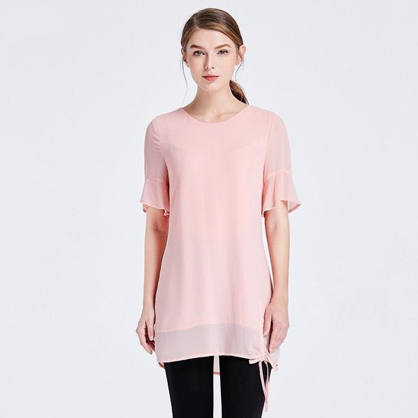 

10 colors women chiffon summer blouses autumn short sleeves long shirts hem drawstring solid office elegant blusas, White