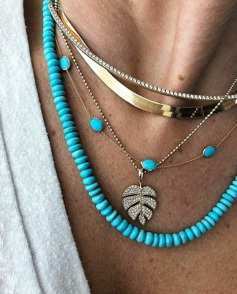 

bohemian blue beads multi layered necklace for women gold color choker snake chain palm leaf pendant necklace vintage jewelry, Silver