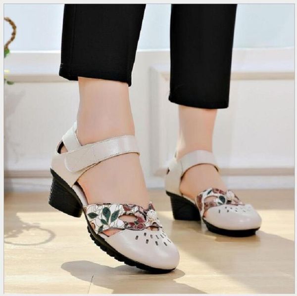 

women sandals 2020 summer ladies chunky heel pumps vintage slip on genuine leather shoes female casual comfortable sandals, Black