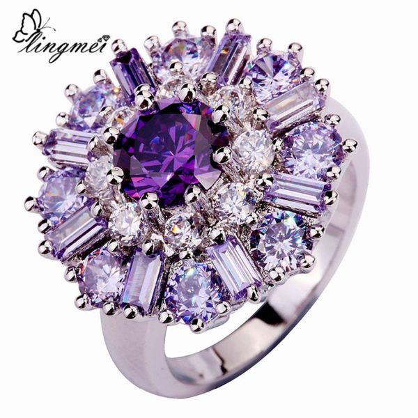 

lingmei wholesale charming flower purple tourmaline white cz silver color ring size 7 8 9 10 11 12 alluring women jewelry, Golden;silver