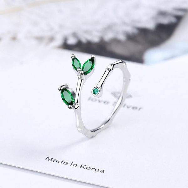 

Trendy Green Zircon Bamboo leaves Ring For Women Jewelry 925 Sterling Silver Rings Lady Fashion Party Accessories KOFSAC