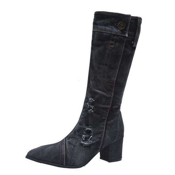 

boots jean women mid calf denim square heels zipper shoes cowboy ladies spring autumn 2021 botas de mujer, Black