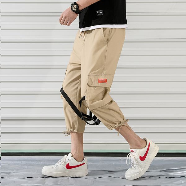 

2020 spring and autumn overalls male fashion brand student harun corset small straight tube eight point sports casual pants male, Black