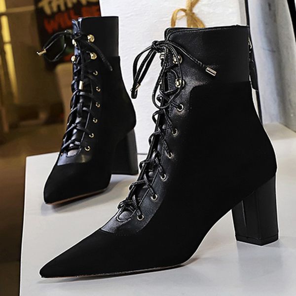 

ladies square toe boots cross lace square shoes 6.5cm toe high heels autumn boots for ladies, Black