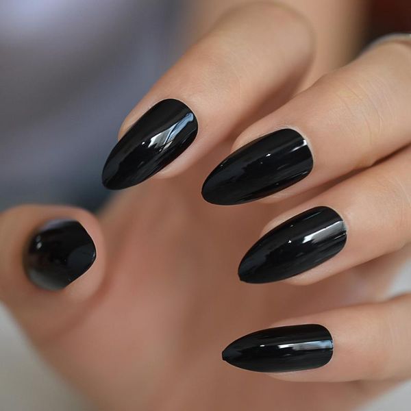 

classic shiny black false fake nails stiletto pure color glossy press on full cover finger daily wear 24pcs uv nail tip, Red;gold