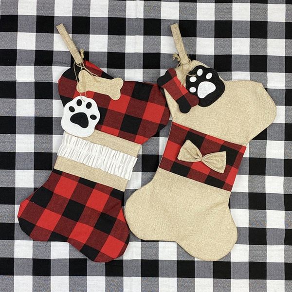 

Christmas Stocking Burlap Plaid Bone Shape Decoration Stockings Gift Bag Wall Door Hanging Stockings For Christmas Decorations &