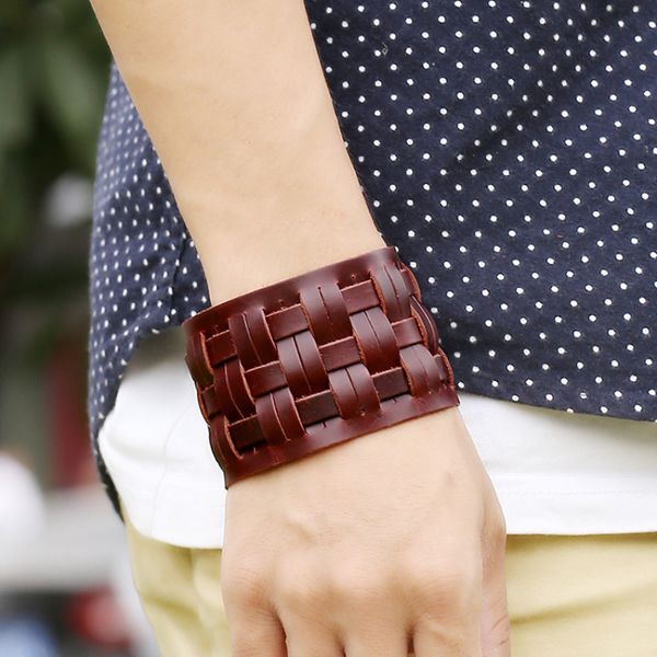 

women mens jewelry black/brown real genuine leather cowhide woven 4.8cm 1.89" wide adjustable punk bracelets & bangles, Golden;silver