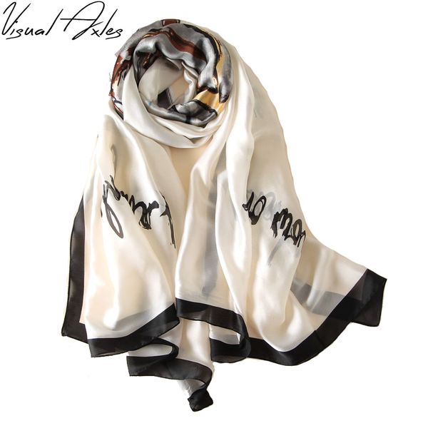 

fashion pure silk scarf women soft white shawls foulard femme long bandana plus size hijab scarves 2020 180cm*90cm, Blue;gray