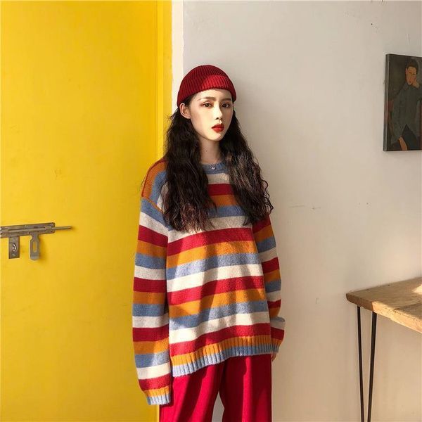 

vintage rainbow contrast striped knit sweater korean long sleeve loose pullover oversized woman man streetwear jumper harajuku, White;black