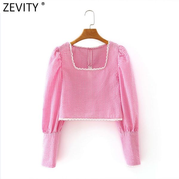 

zevity women vintag square collar pink plaid print short smock blouse lady chic court blusas lace edge cropped shirt ls7004, White