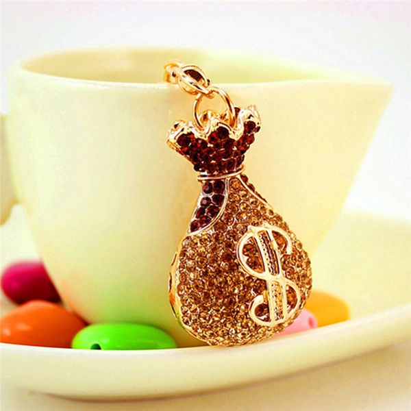 

creative crystal lucky money bag shape keychain car keychain metal pendant female bag accessories small gift, Silver