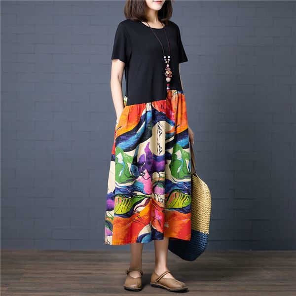 

2020 summer new artistic large size women's loose short sleeve contrast color printed cotton cotton and linen dress and linen dress via, Black;gray