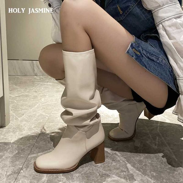 

boots size 34-43 2021 ins women knee high heel lady riding botas warm winter shoes square toe casual footwear, Black