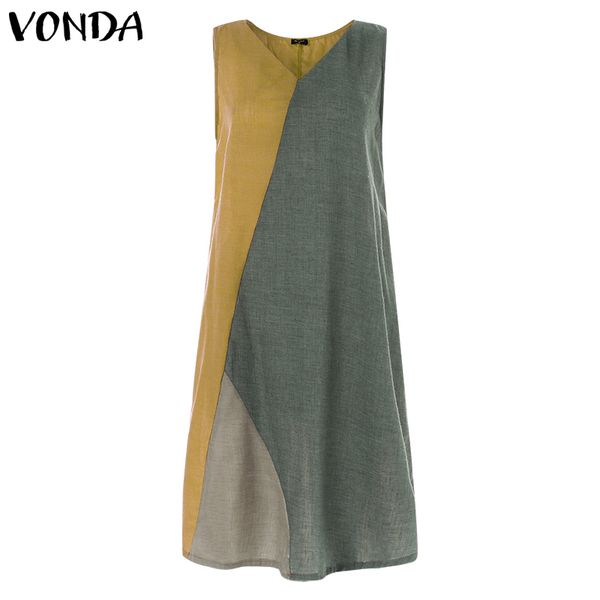 

2020 vonda maternity dresses summer patchwork sleeveless cotton linen dress v neck beach women's elegant pregnancy dresses, White