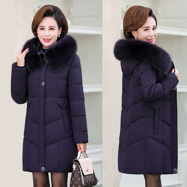 

2020 new winter middle age women solid jacket big fur collar hooded coat female down cotton plus size 5xl mid-long parkas a141, Black