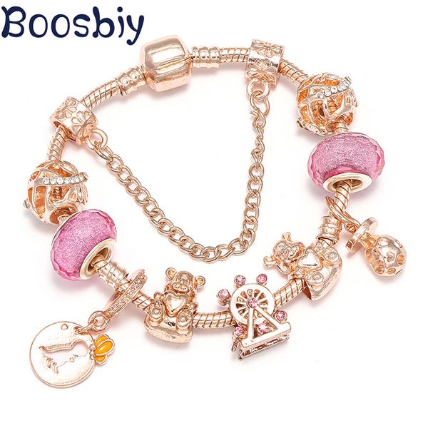 

boosbiy cute dinosaurs & butterflies charm bracelet for women with ferris wheel beads diy brand bracelet jewelry gift pulseras, Golden;silver