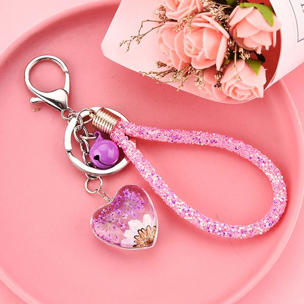 

trendy crystal glass heart keychain women dry flower key chain crystal rope lanyard bell bag charms pendant car keyring jewelry, Silver