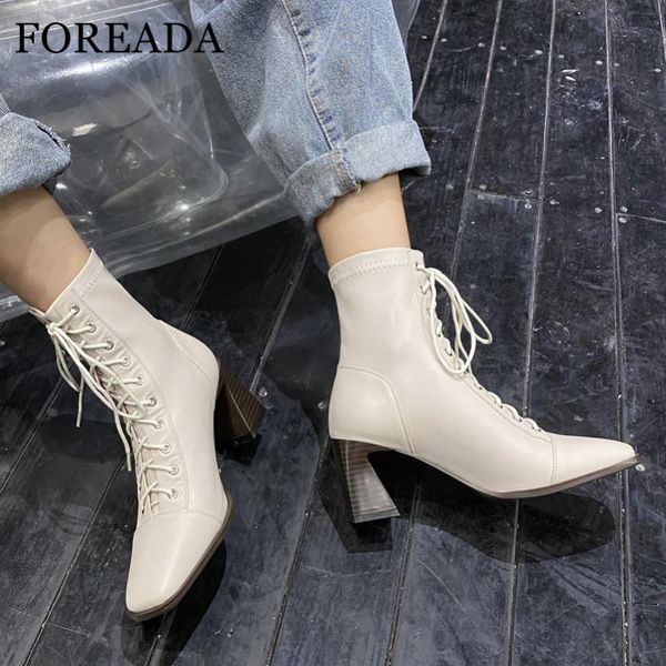 

foreada real leather ankle boots high heel woman boots lace up thick heel shoes square toe female short beige black 33-41