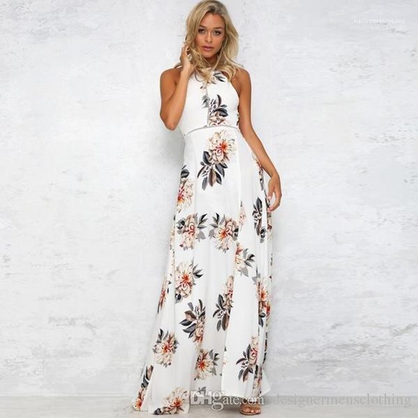 

back bohemian dress summer halter flora printed dress high waist dress with split ladies open, Black;gray