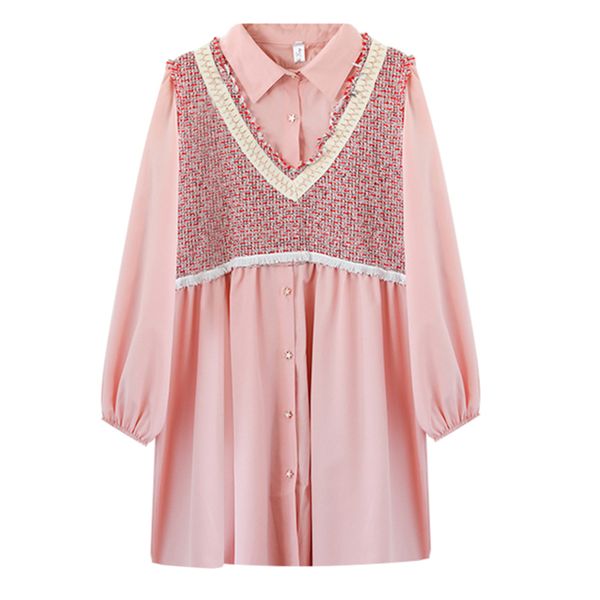 

perhaps u pink blue tweed patchwork turn down collar button long sleeve loose mini shirt dress fake 2pieces sweet autumn d1977, Black;gray