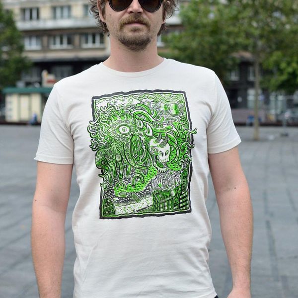 

t shirt kakunoiid man linocut on organic cotton limited and numbered series