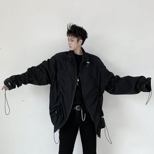 

ewq / men's wear personality ribbon stand collar niche pleated design coat black white all-match oversized jackets male 9y3131, Black;brown