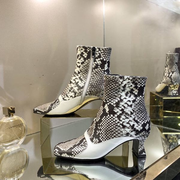 

the new snake pattern cowhide short boots with square toe and mid-heel, fashionable and novel, very versatile eur34-40, Black