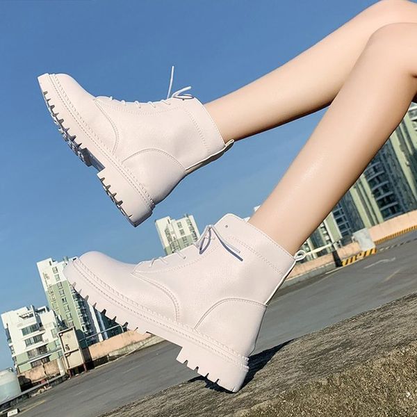 

women shoes fashion motorcycle boots lace up chunky heels woman boots autumn female footwear 2020 platform ladies ankle, Black