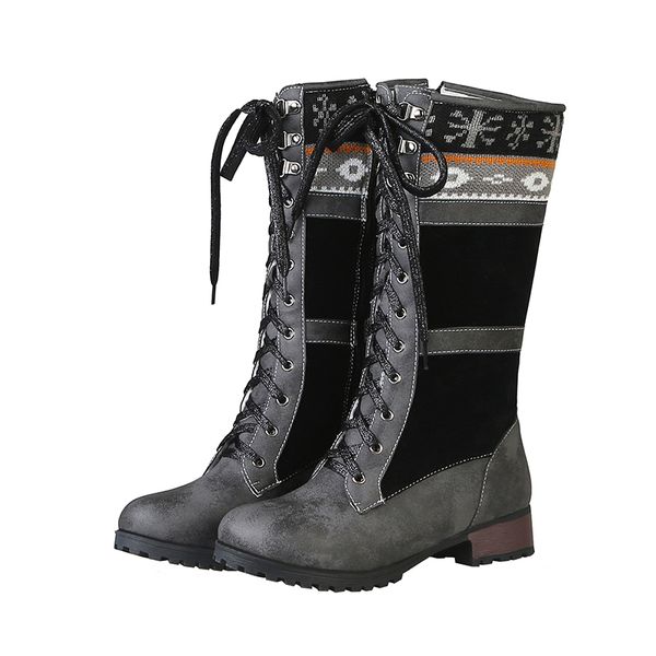 

casual winter warm round toe knee-high boots color matching zipper black grey medium heel thick motorcycle boots women's shoes