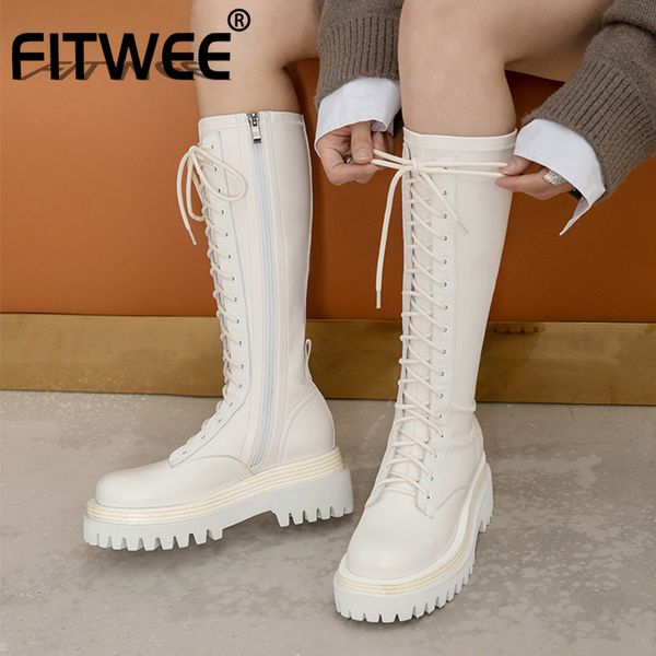 

fitwee натуральной кожи женщина колено сапоги мода кроссплатформенные ремень теплые зимние ботинки женщина толстый каблук короткие загрузки, Black