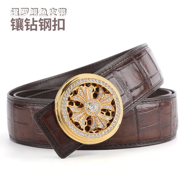 

luxurious2020 siamese origin fish skin diamond steel buckle genuine crocodile bone leather belt male, Black;brown