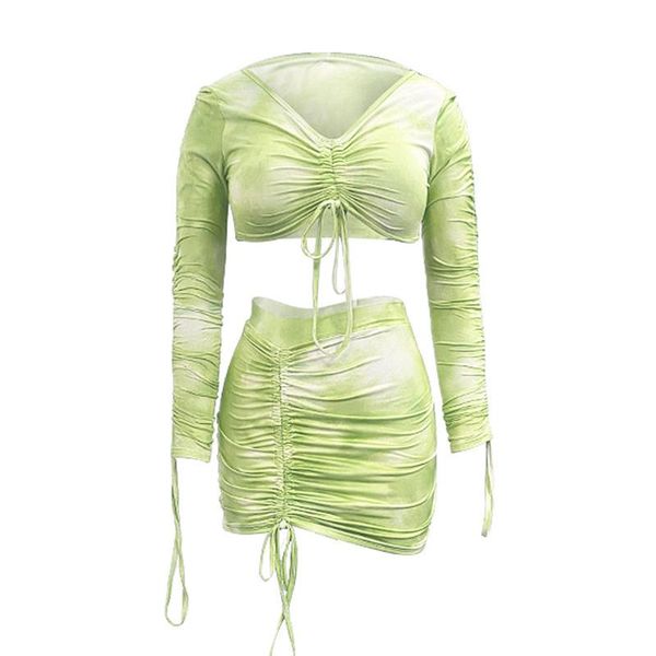 

2pcs ladies short skirt set summer unique printing strapless long sleeve lace up crop + ruched mini skirt kit, Gray