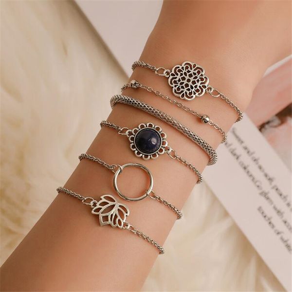 

2020 6pcs/set women's fashion ethnic chain bracelet set hollow lotus flower charm bracelet bohemian vintage jewelry wholesale, Black