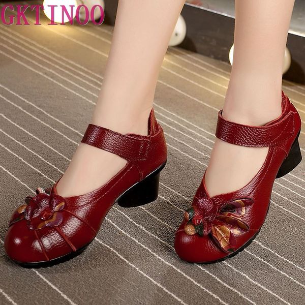 

gktinoo 2020 spring and summer ethnic style genuine leather handmade shoes women mid heels pumps round toe high heels, Black
