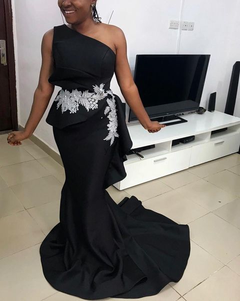 

one shoulder mermaid evening dresses white appliques long women formal prom dress black plus size custom made party gowns, Black;red