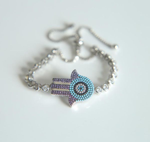 

factory promotion multi raiwcolor cz turquoises paved turkish evil jewelry design hamsa hand tennis chain girl gold color bangle, Black