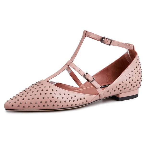 

women's genuine leather t-strap flats leisure soft comfortable espadrilles pointed toe rivet female casual daily shoes for women, Black