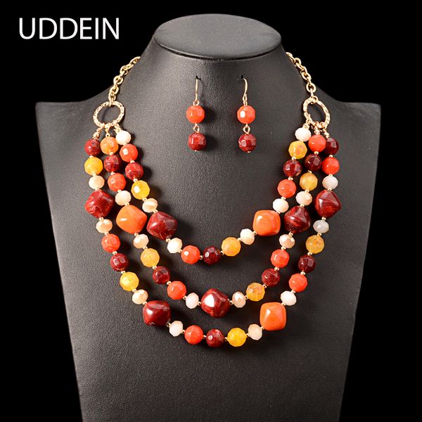 

uddein bib beads necklace earring sets multi layer simulated pearl jewelry bohemian statement choker african beads jewelry sets, Silver