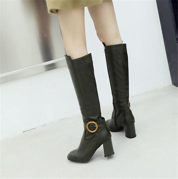 

pxelena new 2020 winter fashion knee high boots ladies shoes square high heels riding long boots women buckle side zipper 34-43, Black