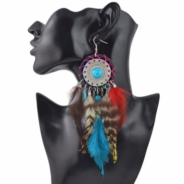

tribal big bohemian feather dangle earring jewelry colorful tassel drop earrings for women christmas gift orecchini piuma, Silver