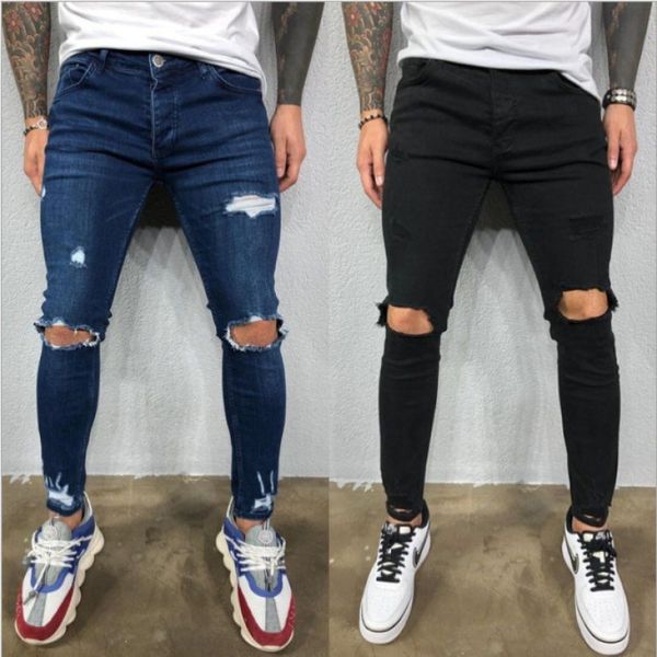 

men's jeans style ripped pants slim fit stretch fashion casual hip hop, Blue