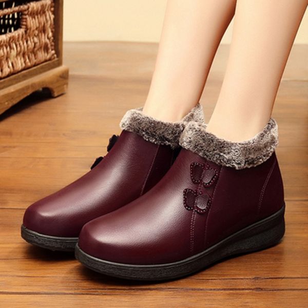 

zzpohe 2020 new fashion soft leather women ankle boots women's warm fur casual shoes mother snow boots wedge heels winter shoes, Black