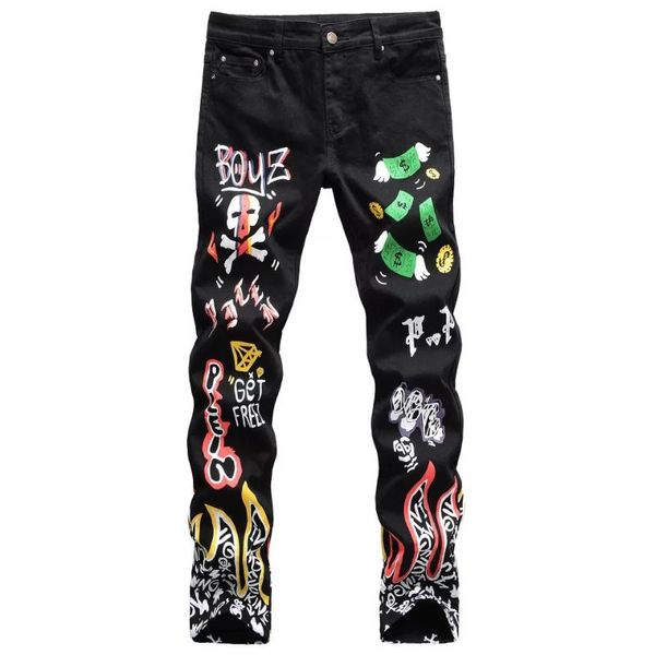 

new young men's fashion print jeans autumn casual denim pants skinny jean men, Blue