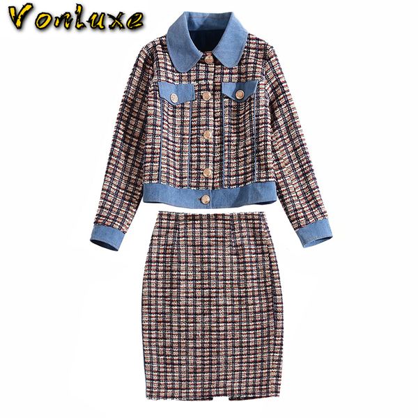 

womens suits vintage england style plaid tweed wool jacket suit blazer long sleeve short mini skirt 2 piece set, White